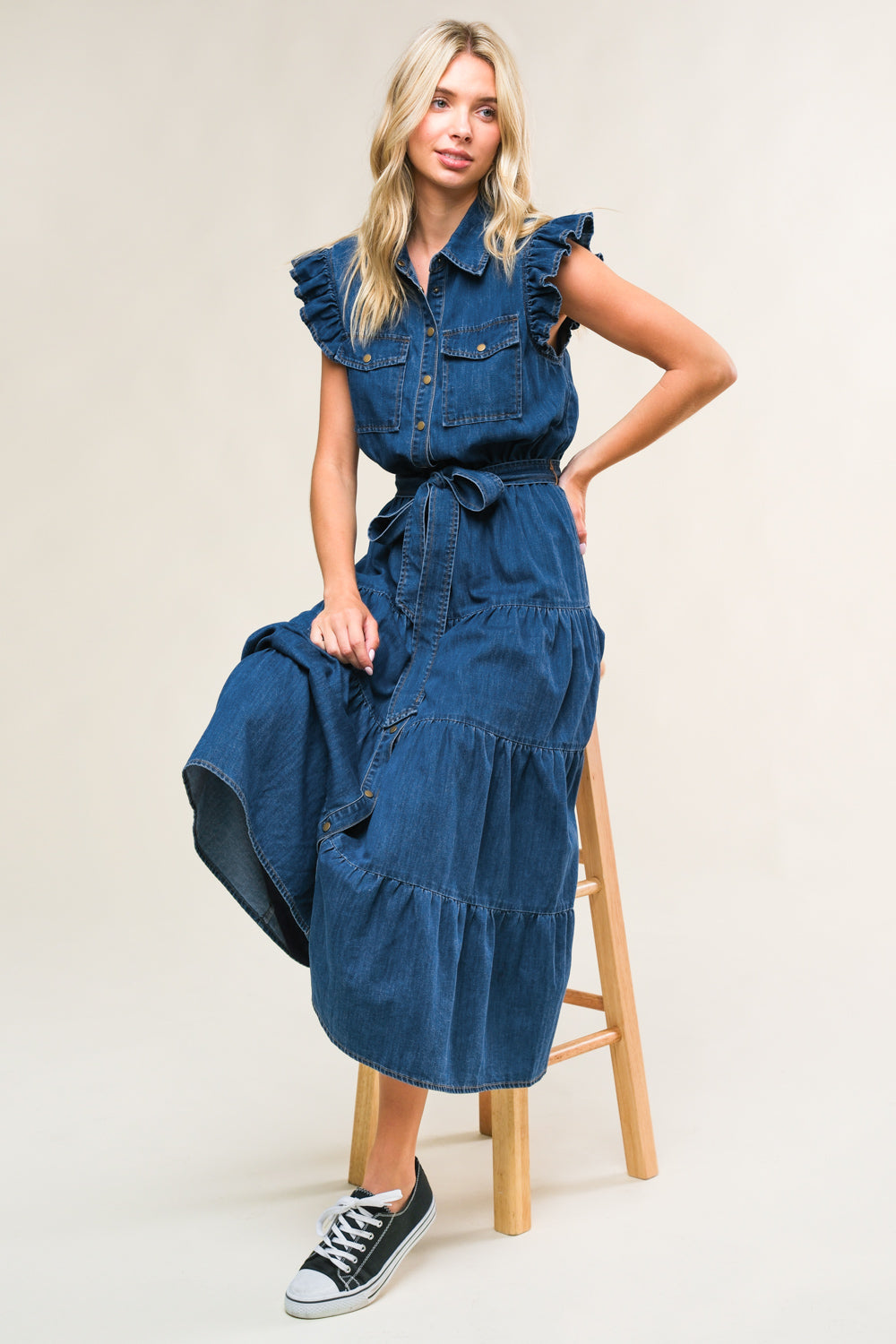 FAN FAVORITE RUFFLE SLEEVE DENIM MIDI DRESS