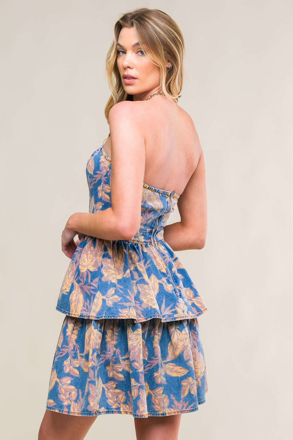 SUMMER MOMENTS - STRAPLESS FLORAL DENIM MINI DRESS - FINAL SALE