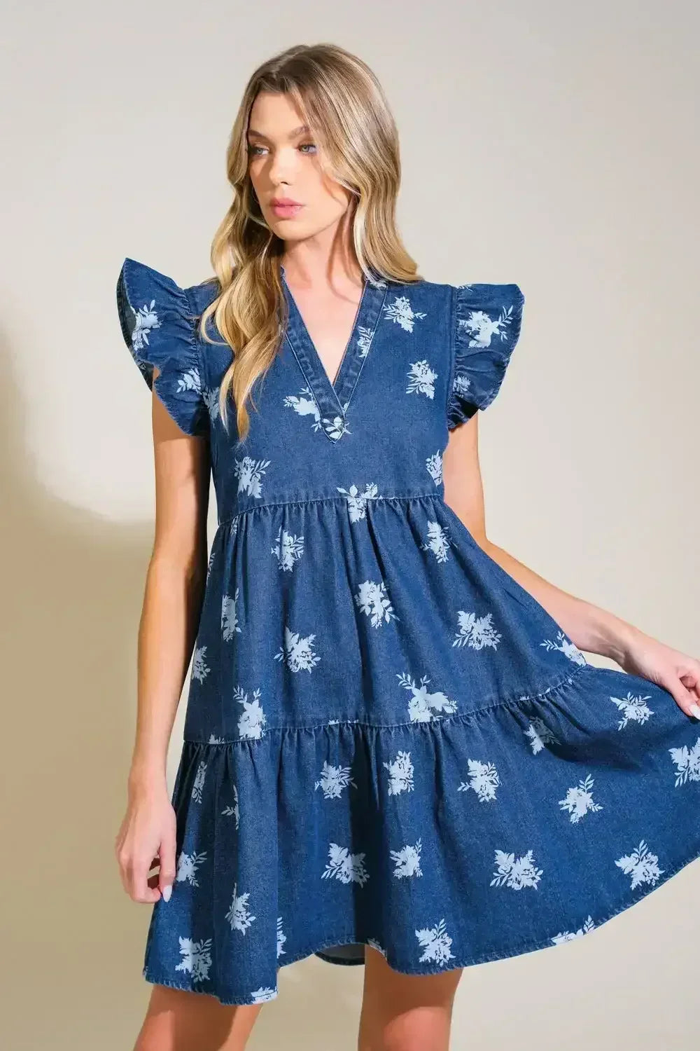 ROMANTICALLY ENTANGLED - FLORAL DENIM MINI DRESS