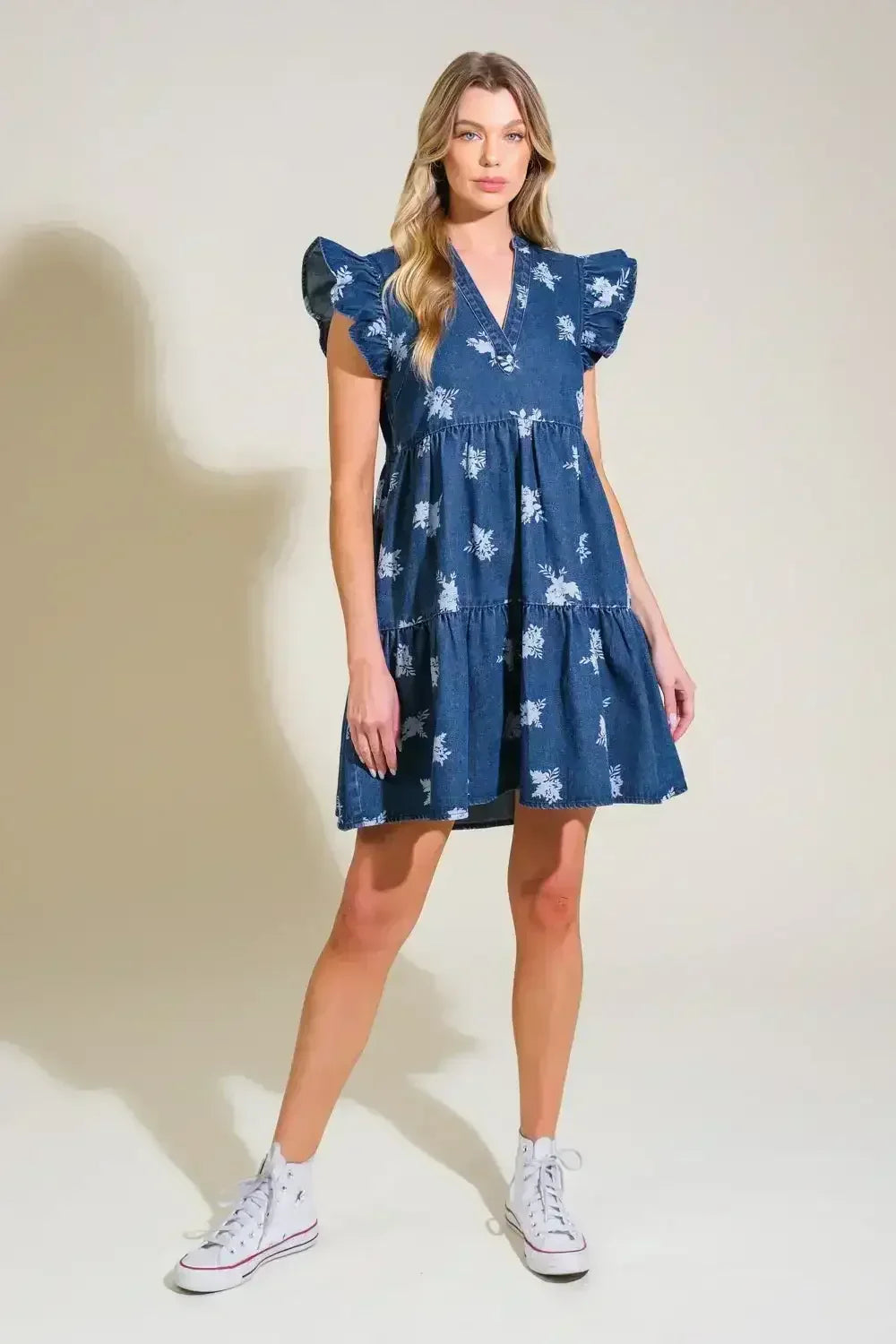 ROMANTICALLY ENTANGLED - FLORAL DENIM MINI DRESS