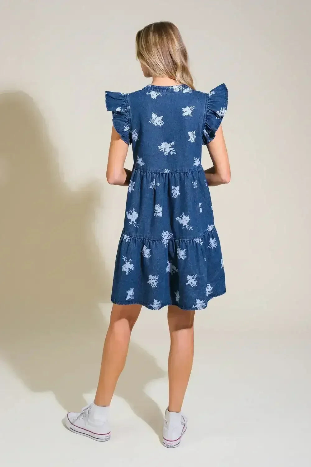 ROMANTICALLY ENTANGLED - FLORAL DENIM MINI DRESS