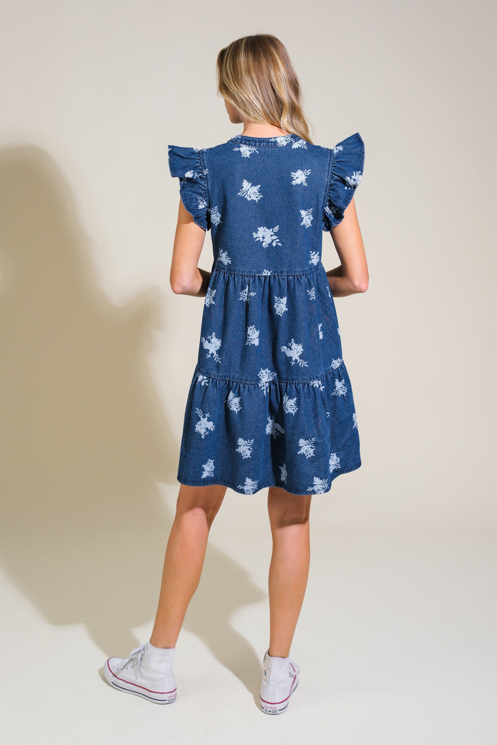 ROMANTICALLY ENTANGLED - FLORAL DENIM MINI DRESS