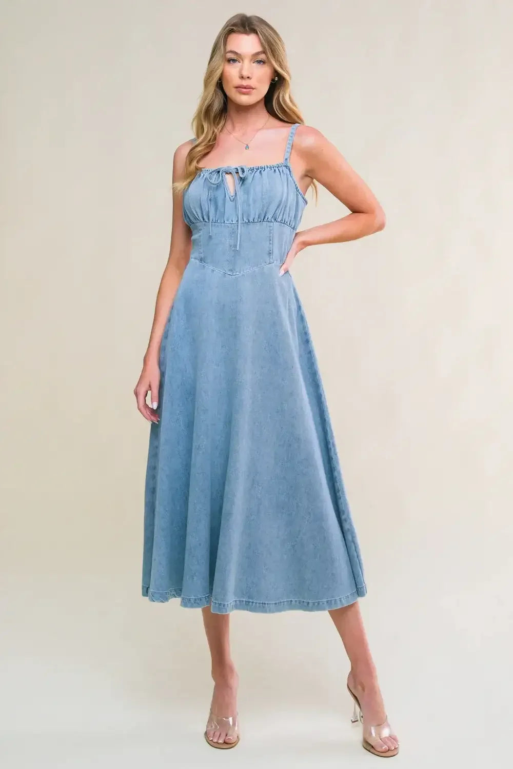 FESTIVAL DAYS FRONT TIE DENIM MIDI DRESS