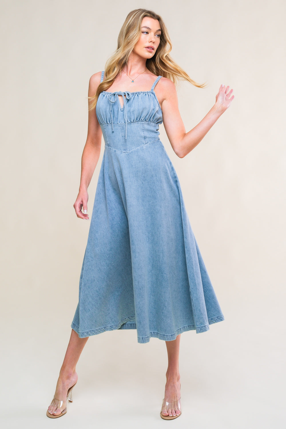 FESTIVAL DAYS FRONT TIE DENIM MIDI DRESS