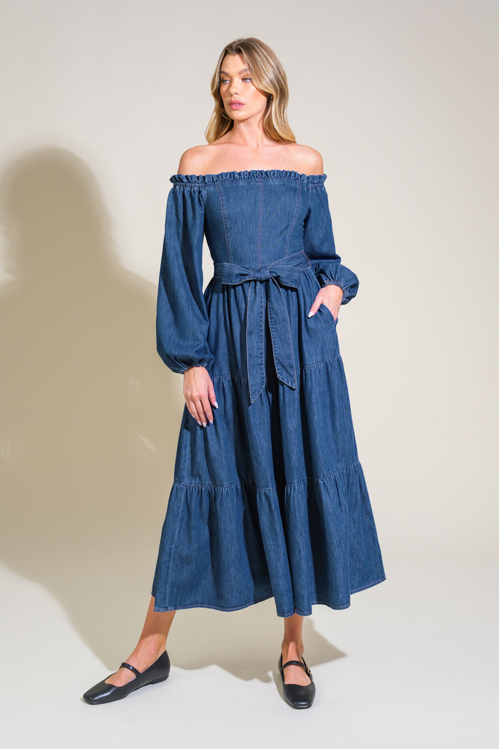 ARTISTIC IMPULSE - LONG SLEEVE OFF-THE-SHOULDER DENIM MIDI DRESS