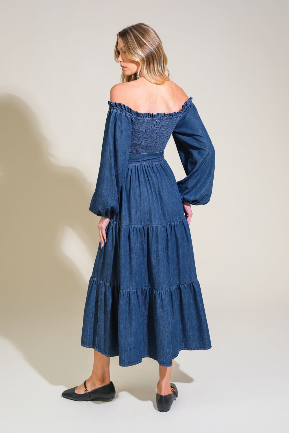 ARTISTIC IMPULSE - LONG SLEEVE OFF-THE-SHOULDER DENIM MIDI DRESS