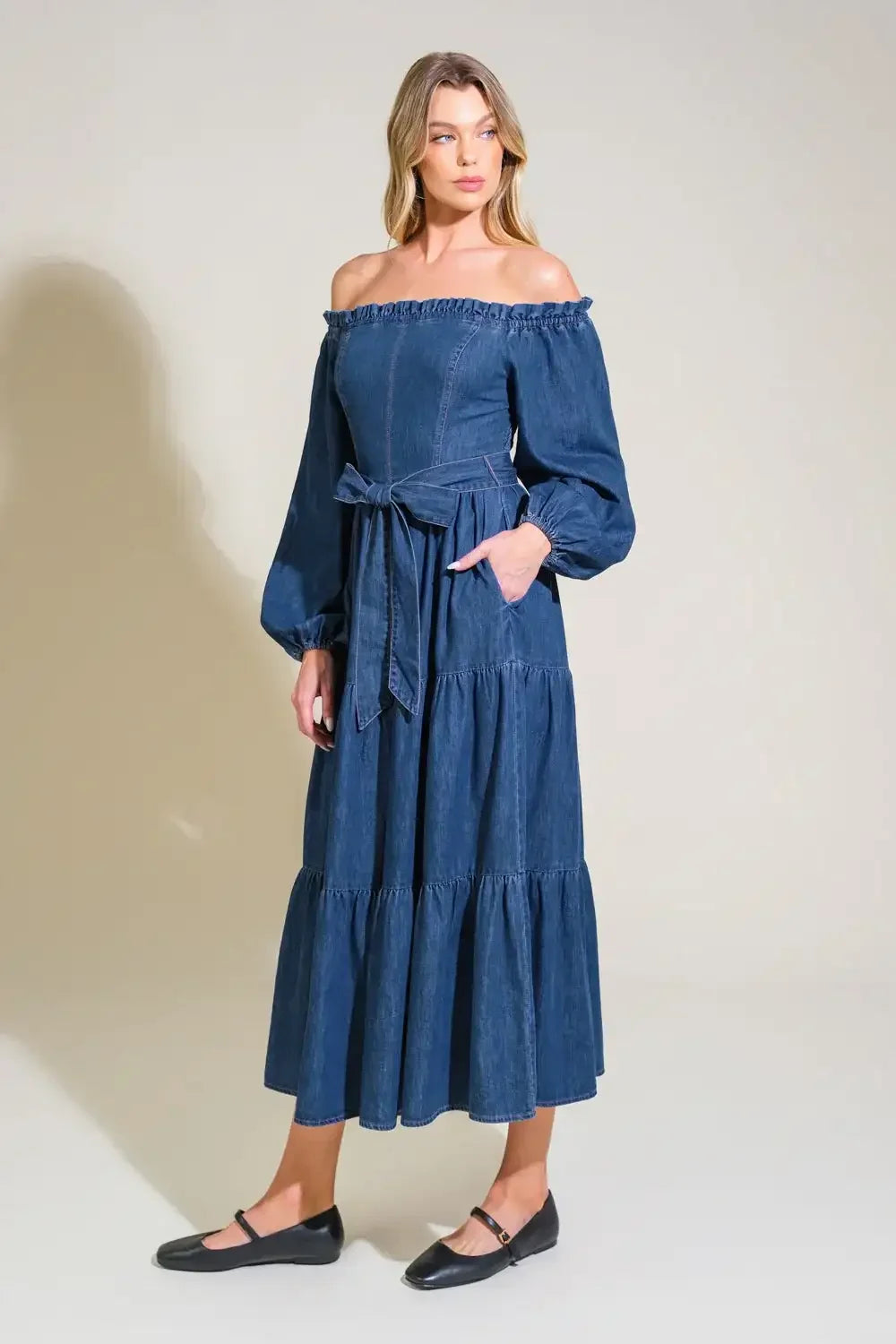 ARTISTIC IMPULSE - LONG SLEEVE OFF-THE-SHOULDER DENIM MIDI DRESS