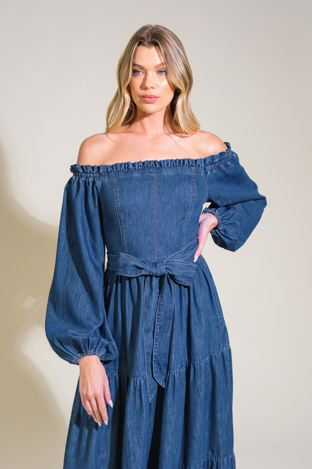 ARTISTIC IMPULSE - LONG SLEEVE OFF-THE-SHOULDER DENIM MIDI DRESS