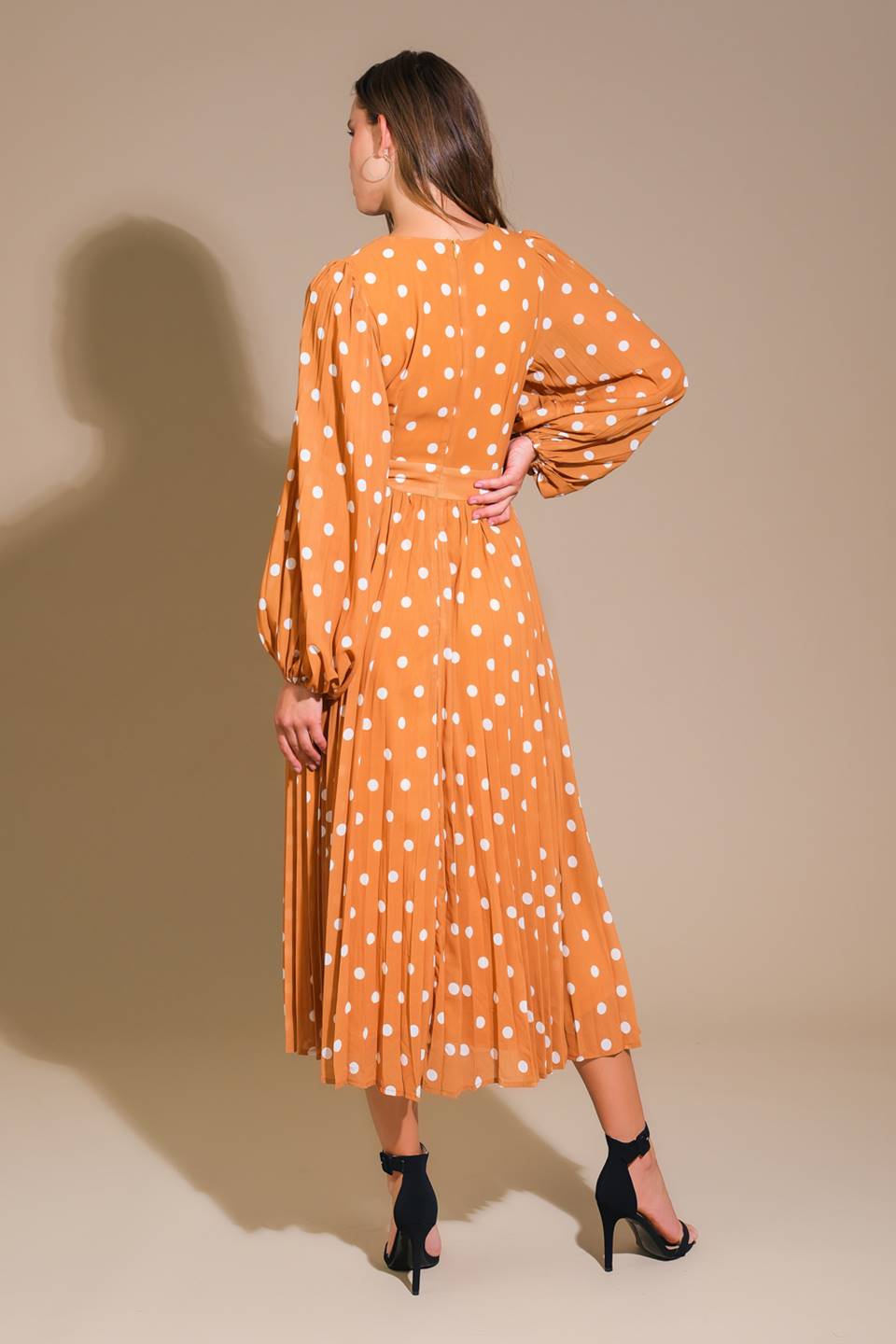 MOMENT MAKER LONG SLEEVE POLKA DOT MIDI DRESS