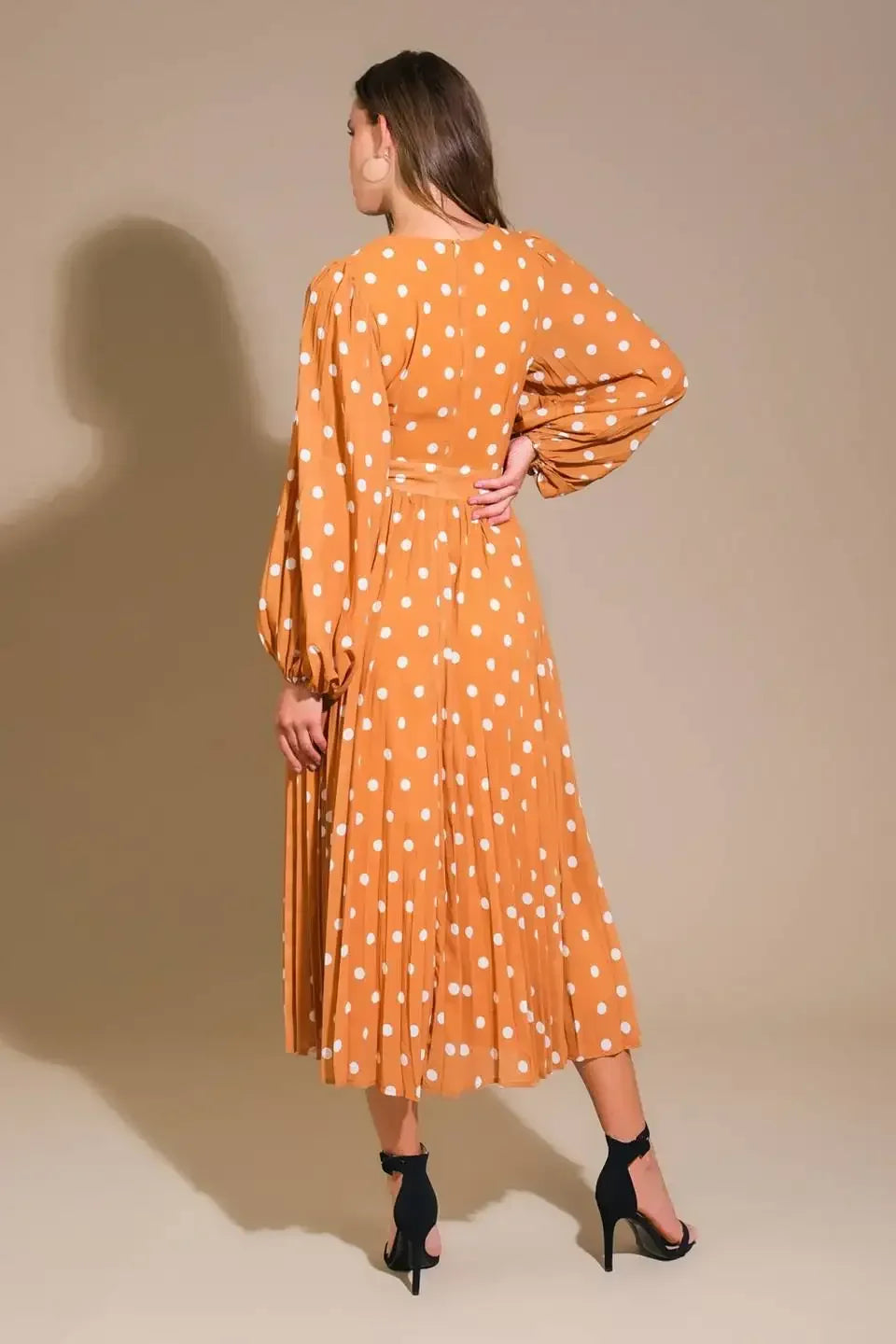 MOMENT MAKER LONG SLEEVE POLKA DOT MIDI DRESS
