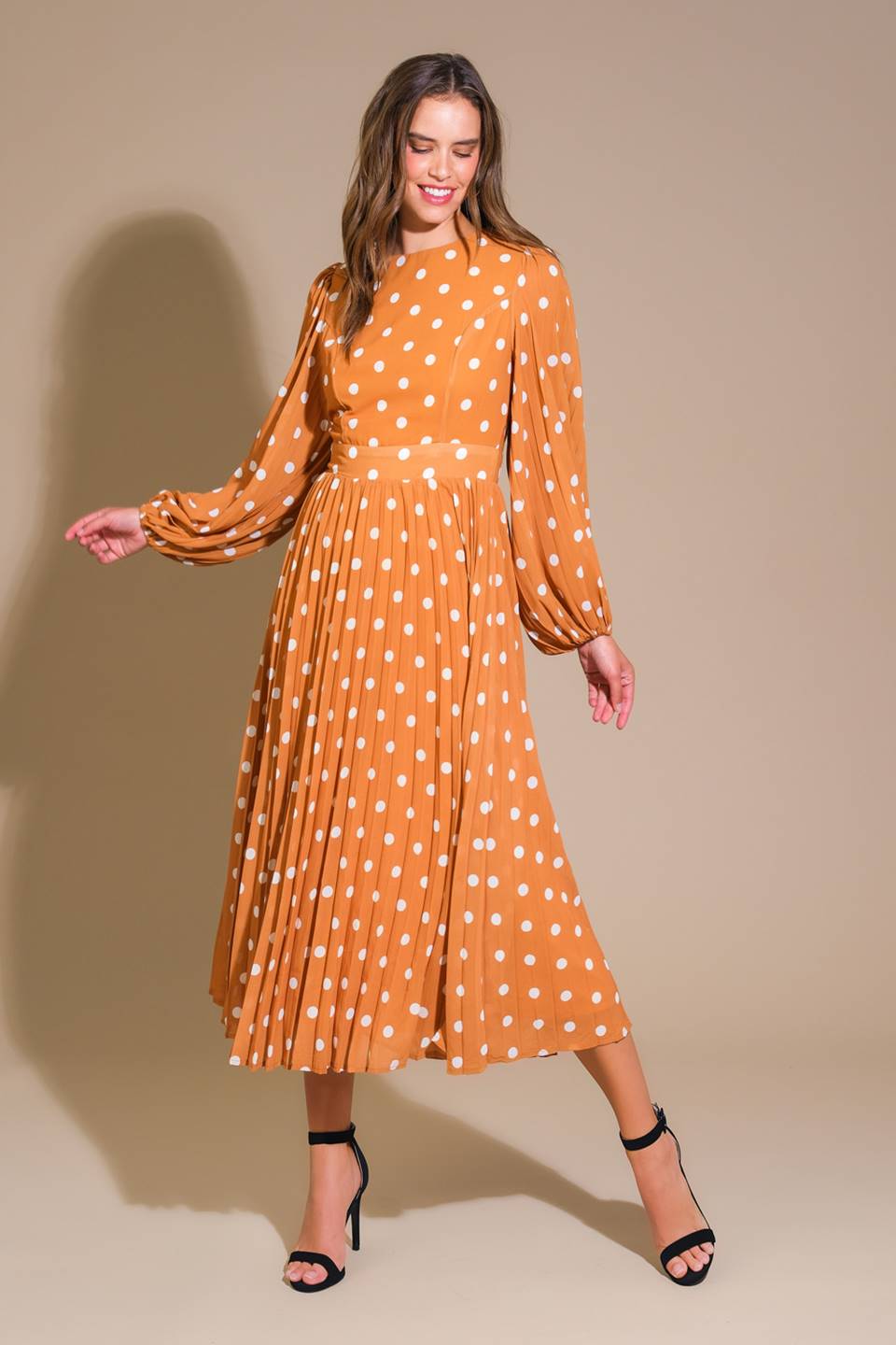 MOMENT MAKER LONG SLEEVE POLKA DOT MIDI DRESS