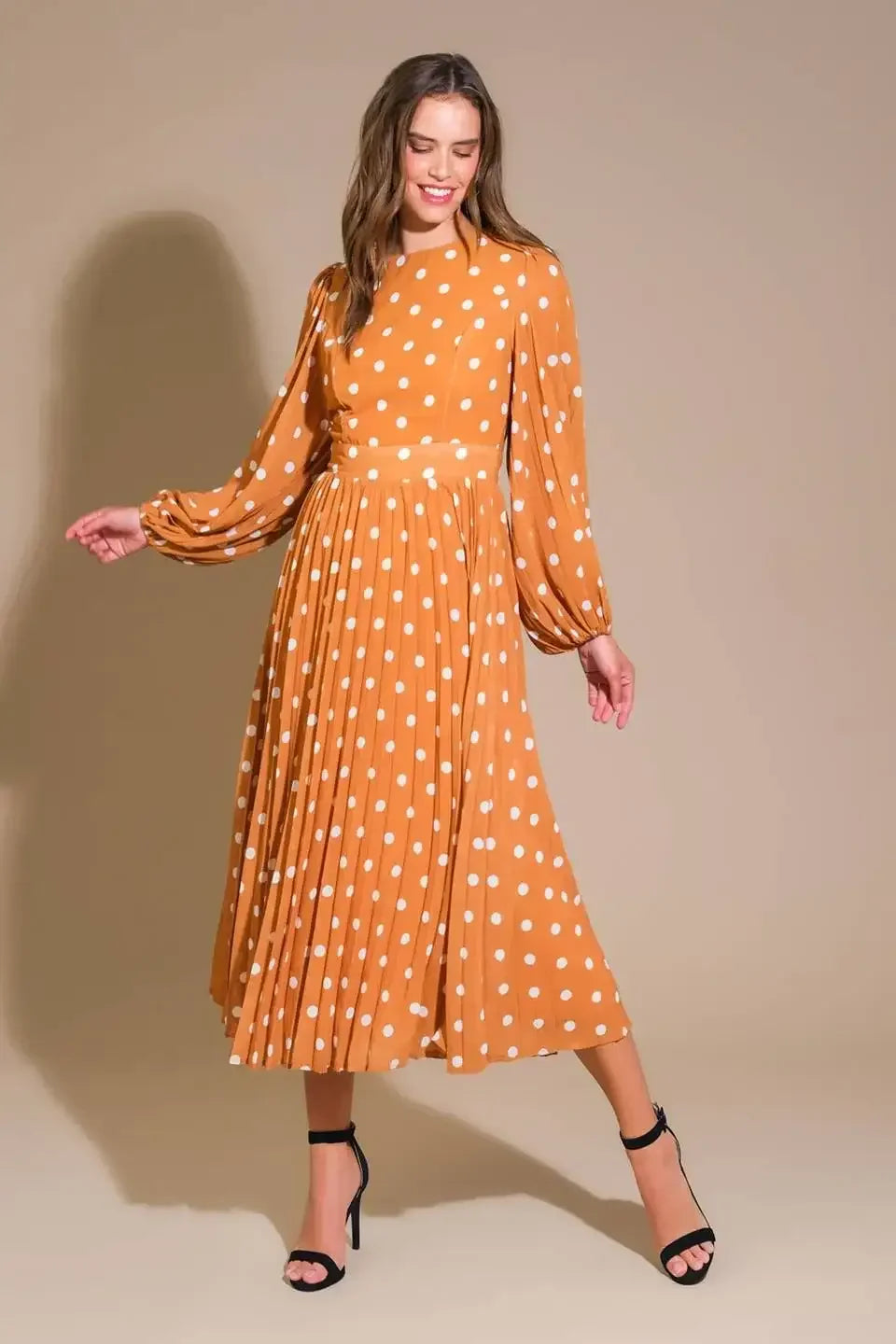 MOMENT MAKER LONG SLEEVE POLKA DOT MIDI DRESS