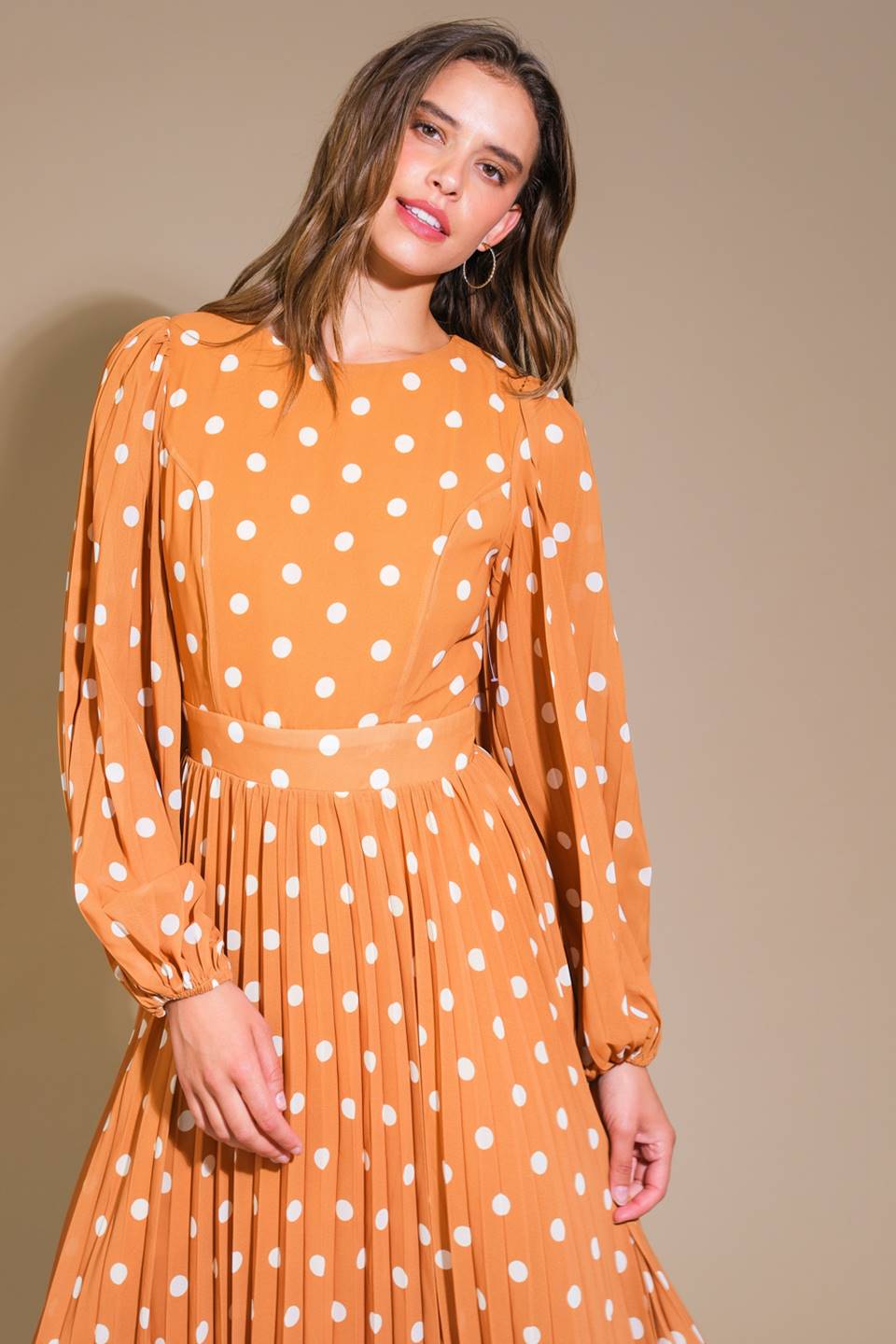 MOMENT MAKER LONG SLEEVE POLKA DOT MIDI DRESS