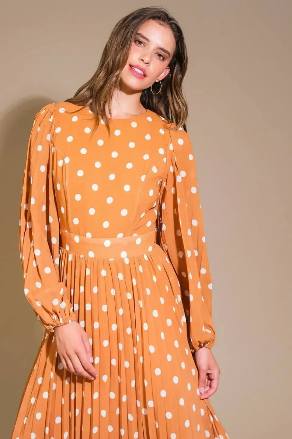 MOMENT MAKER LONG SLEEVE POLKA DOT MIDI DRESS