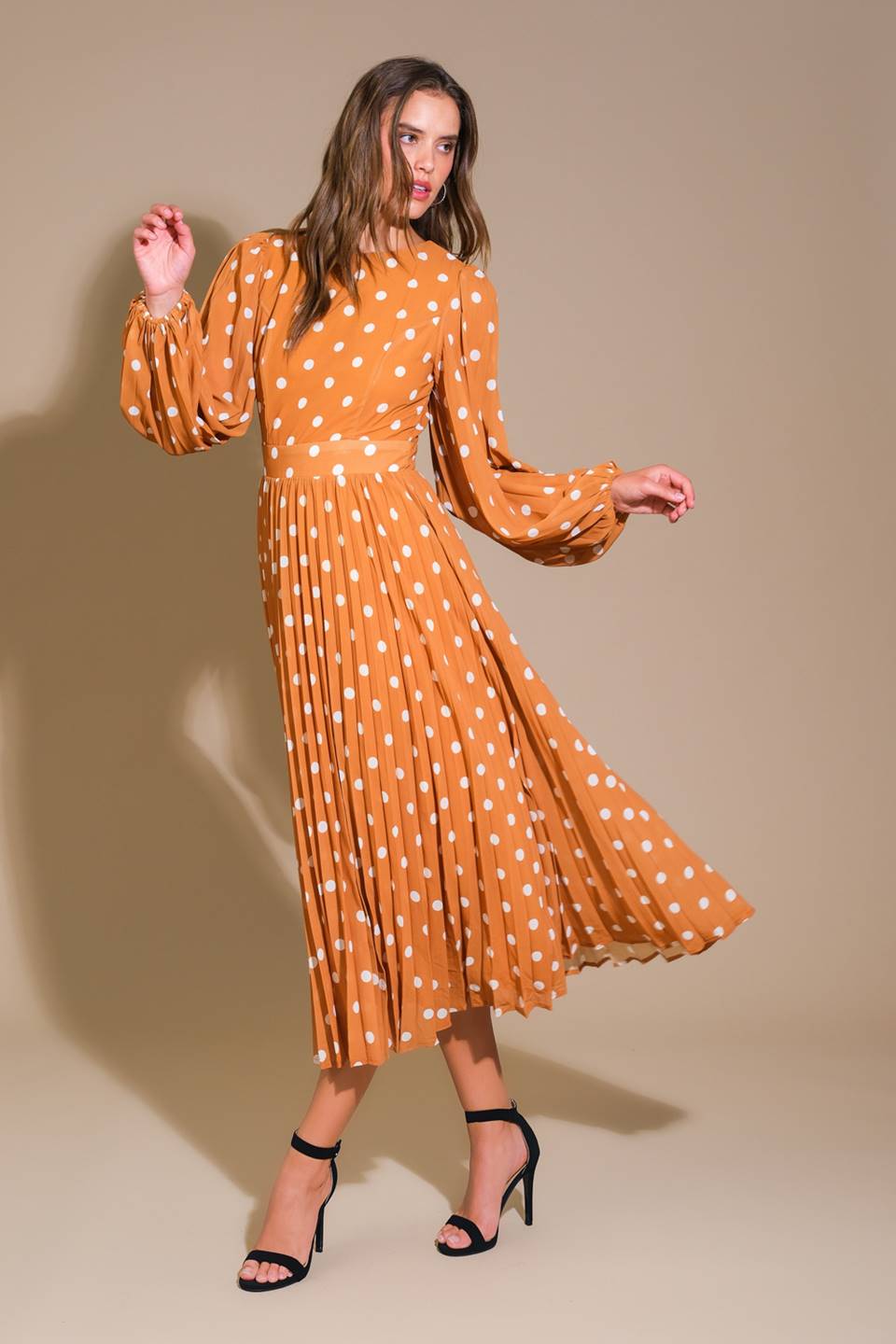 MOMENT MAKER LONG SLEEVE POLKA DOT MIDI DRESS