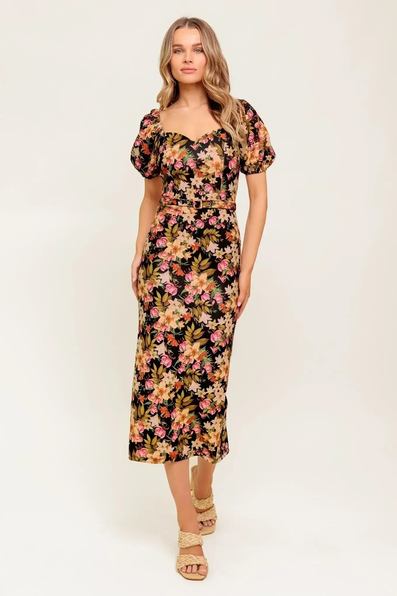 SWEET AT HEART MIDI DRESS - BLACK FLORAL FITTED DRESS