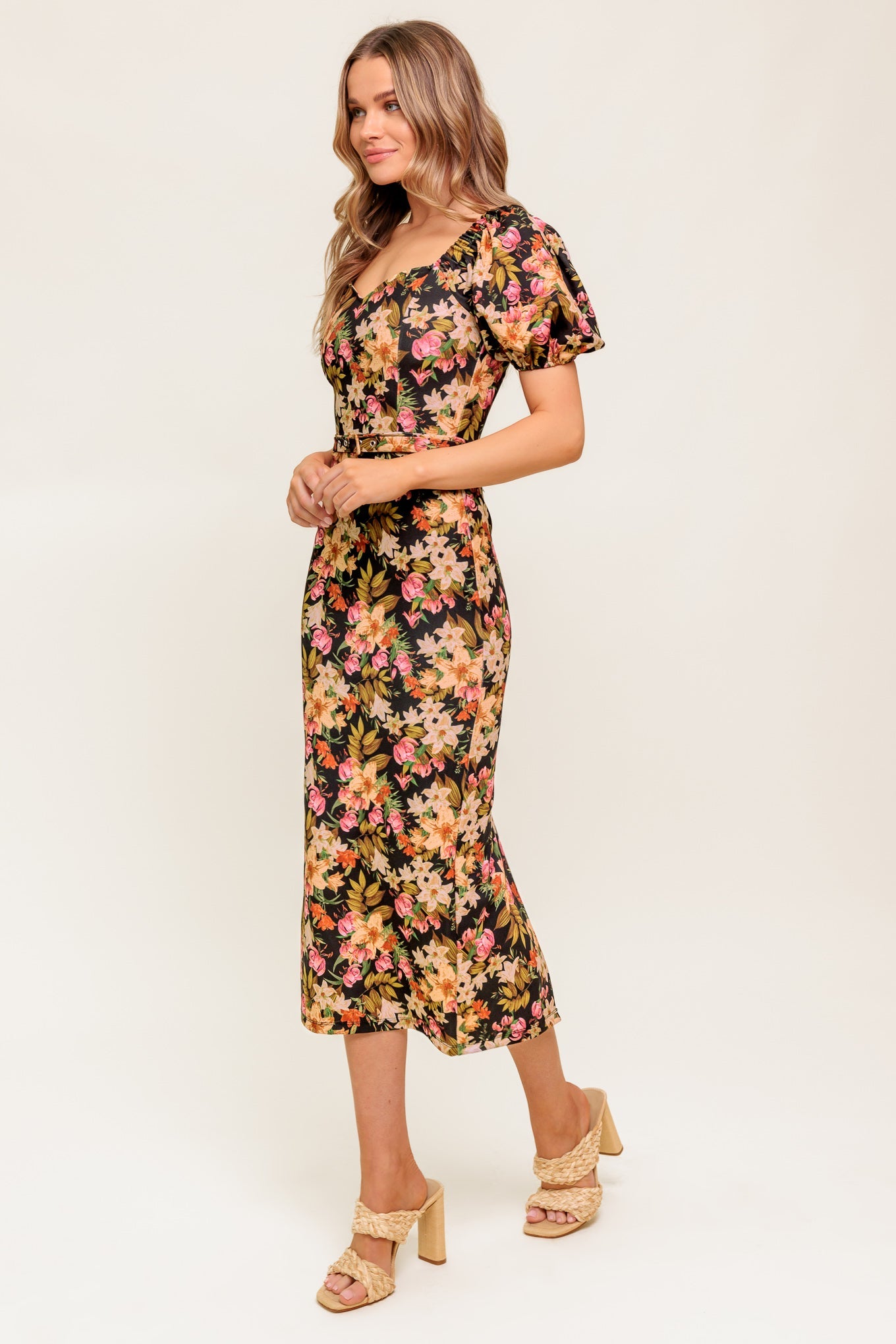 SWEET AT HEART MIDI DRESS - BLACK FLORAL FITTED DRESS
