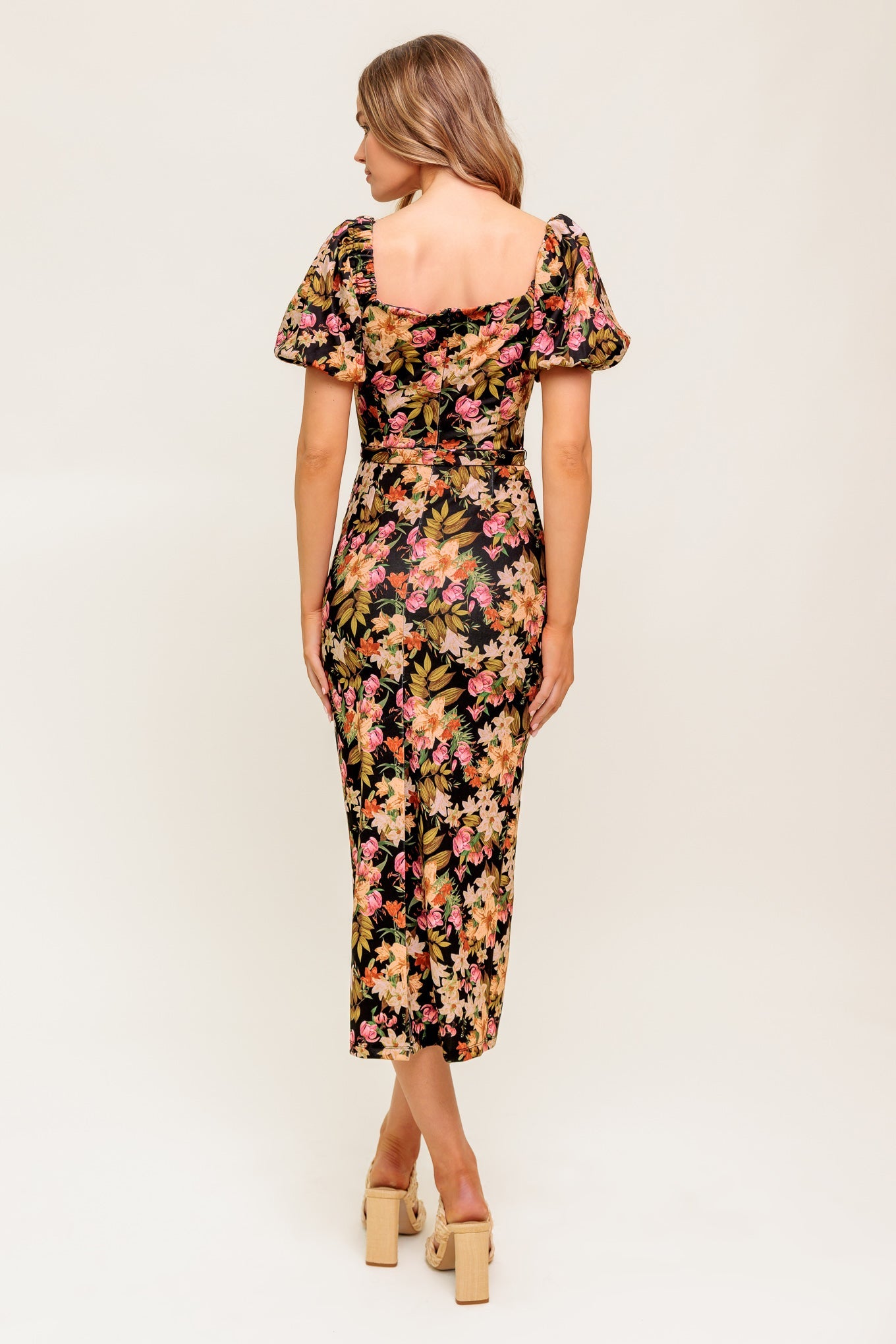 SWEET AT HEART MIDI DRESS - BLACK FLORAL FITTED DRESS