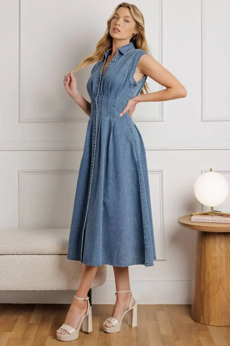 ROSES OF LOVE - CINCHED WAIST DENIM MIDI DRESS