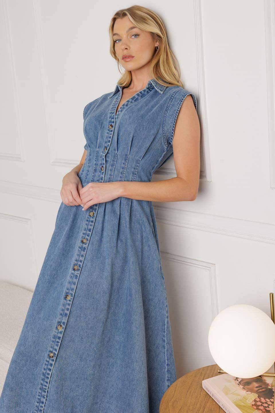 ROSES OF LOVE - CINCHED WAIST DENIM MIDI DRESS