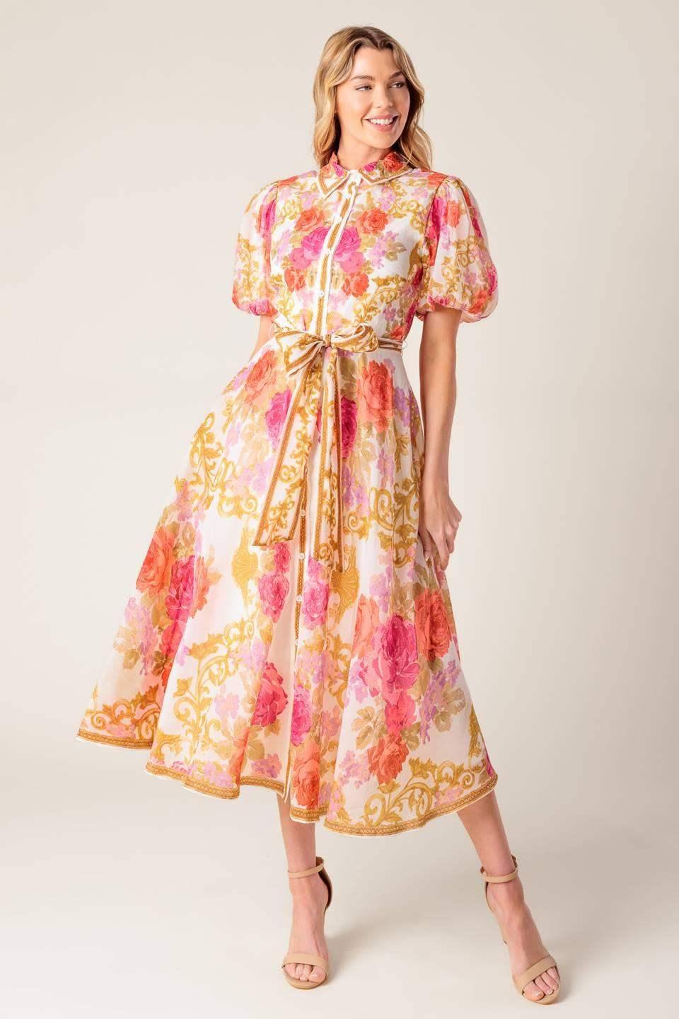 FLORAL ELEGANCE - PUFF SLEEVE MIDI DRESS