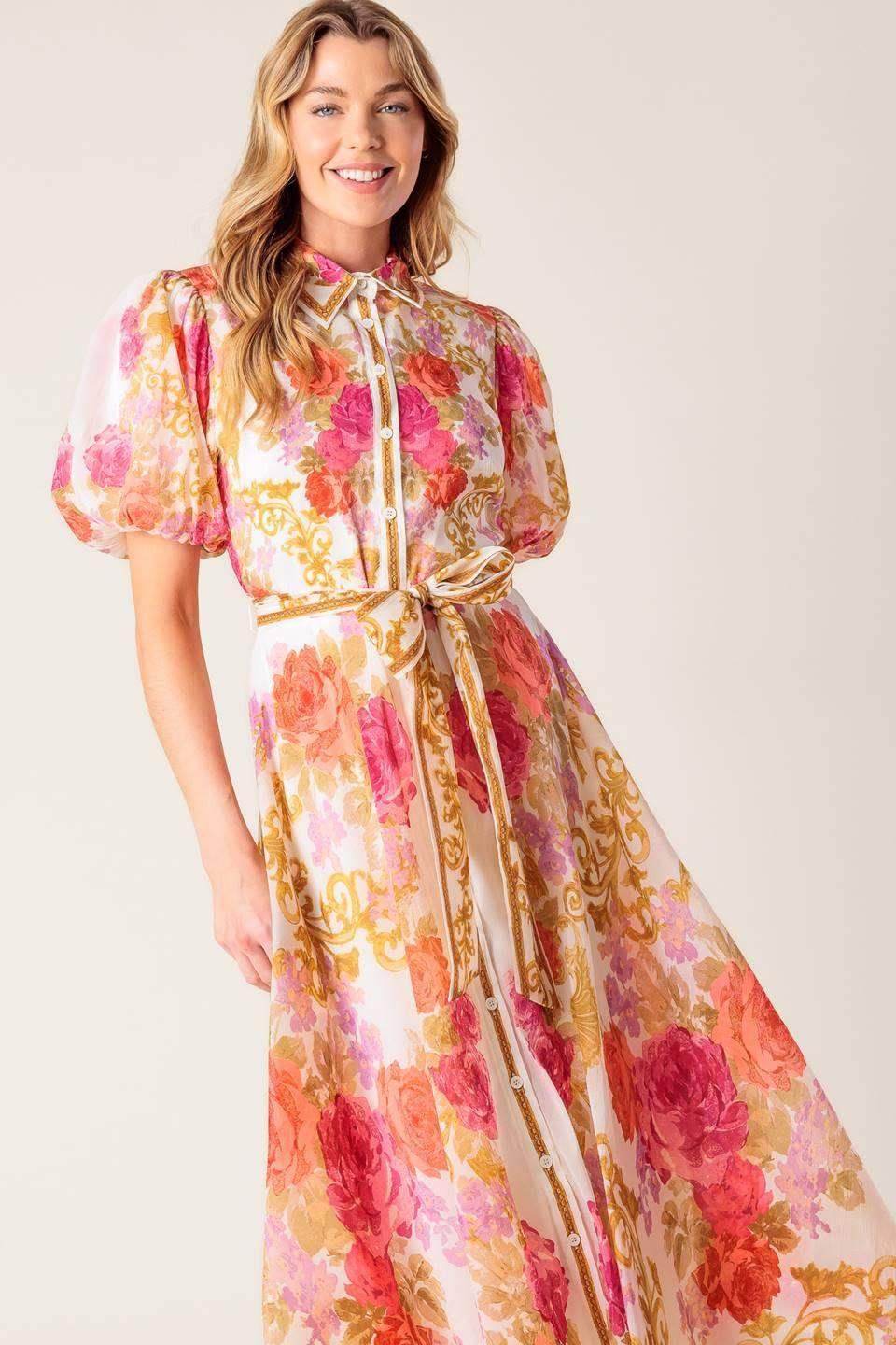 FLORAL ELEGANCE - PUFF SLEEVE MIDI DRESS