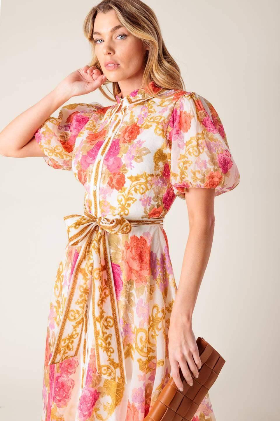 FLORAL ELEGANCE - PUFF SLEEVE MIDI DRESS