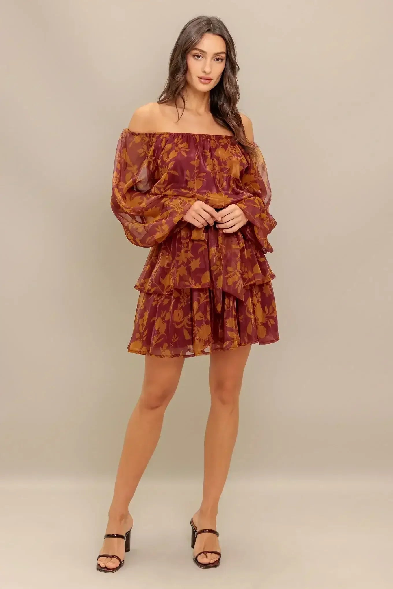Destiny Maroon Floral Long Sleeve Mini Dress