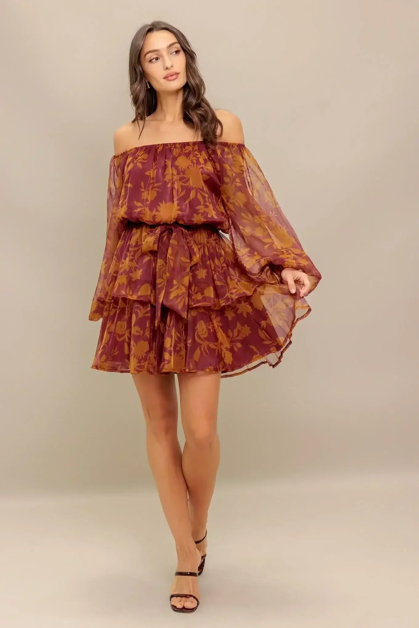 Destiny Maroon Floral Long Sleeve Mini Dress