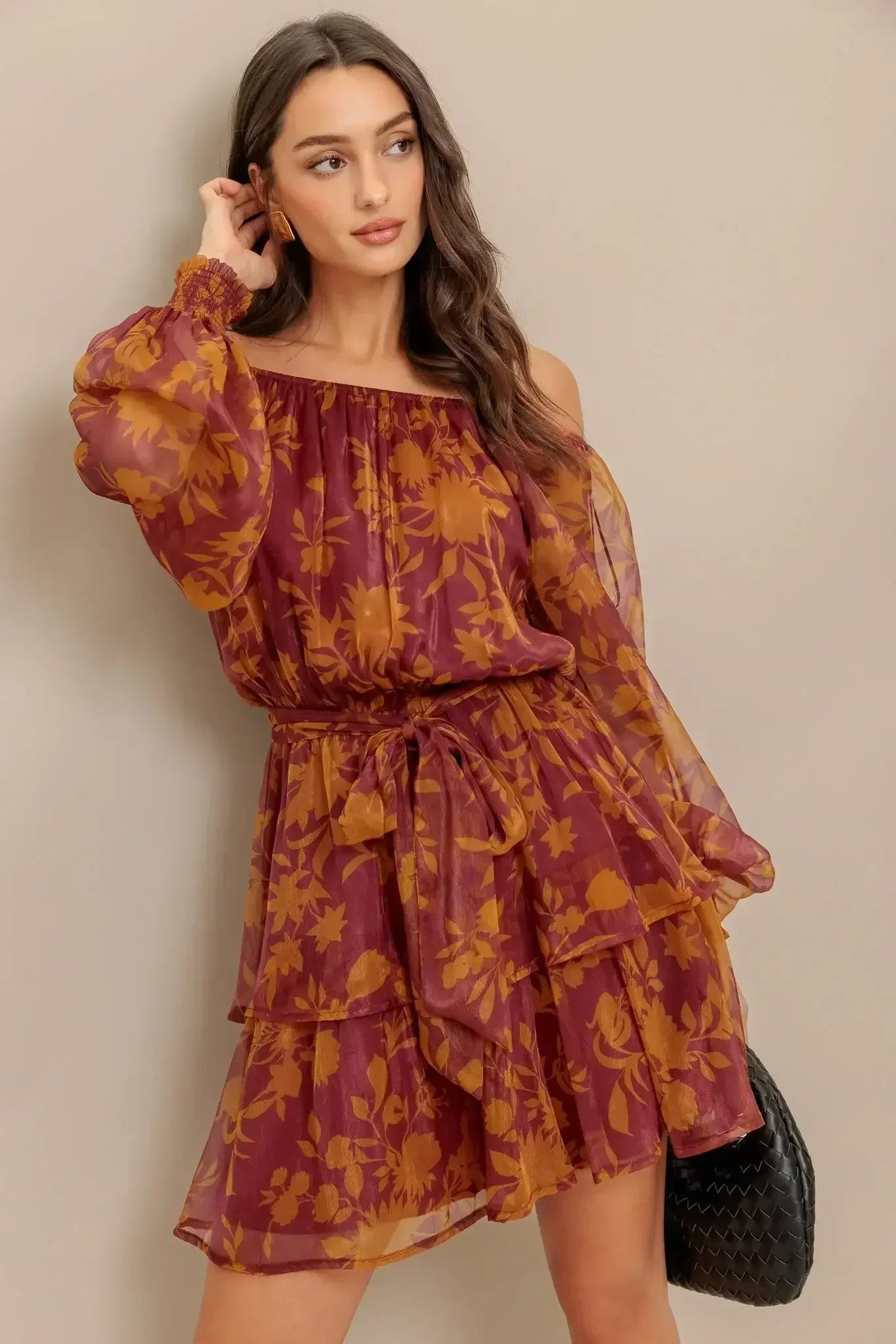 Destiny Maroon Floral Long Sleeve Mini Dress