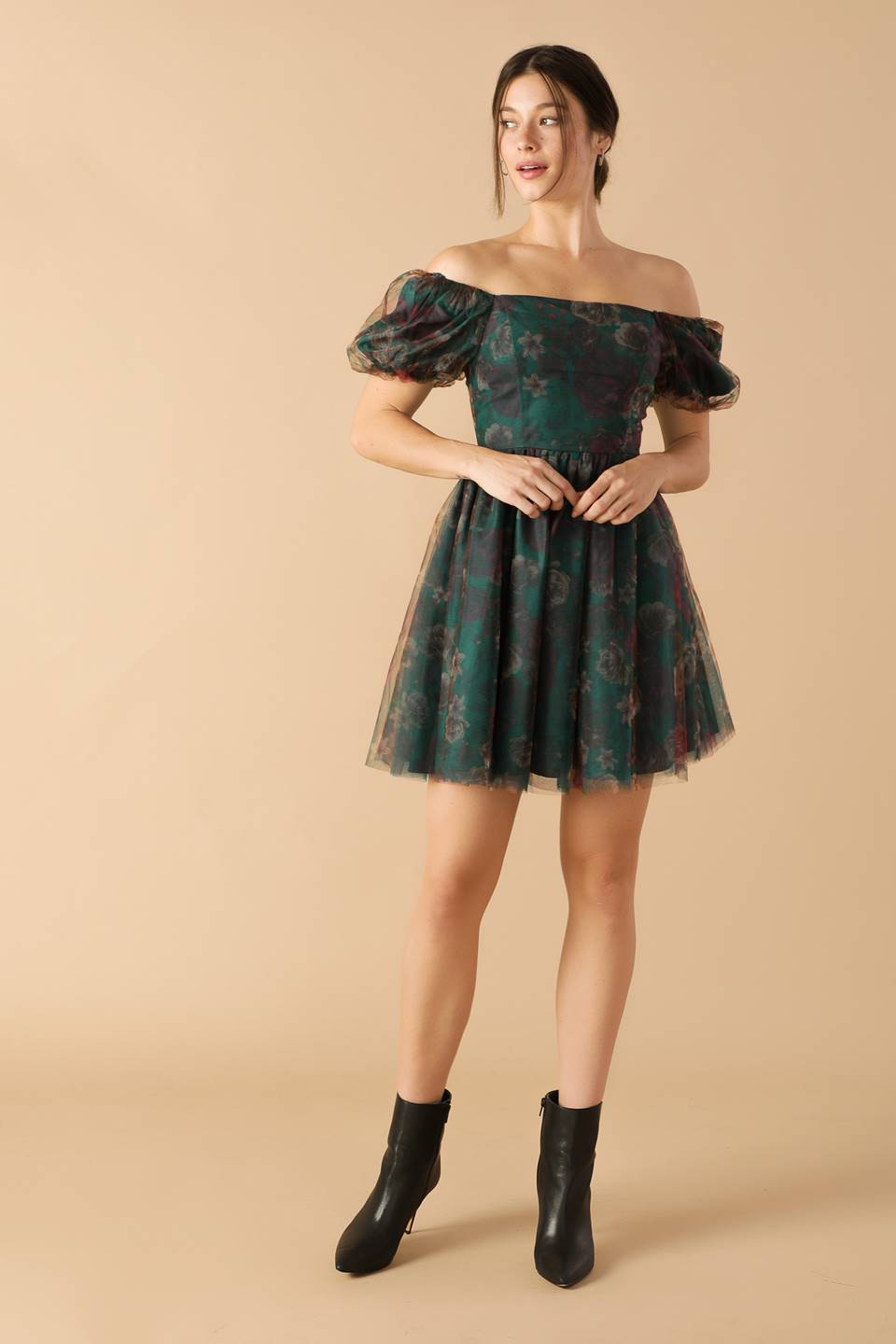 Floral woven organza mini dress with short puff sleeves and an off-shoulder neckline, in a green and red color scheme