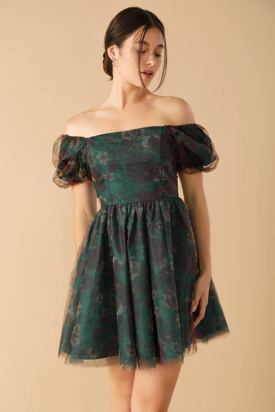 floral woven organza mini dress with short puff sleeves and an off-shoulder neckline, in a green and red color scheme