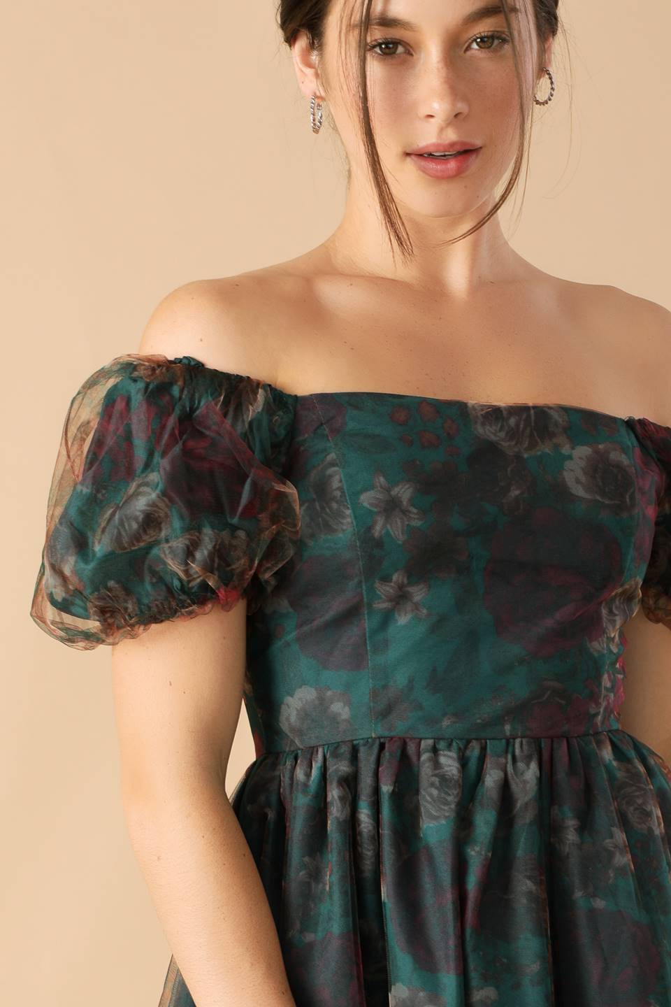 floral woven organza mini dress with short puff sleeves and an off-shoulder neckline, in a green and red color scheme
