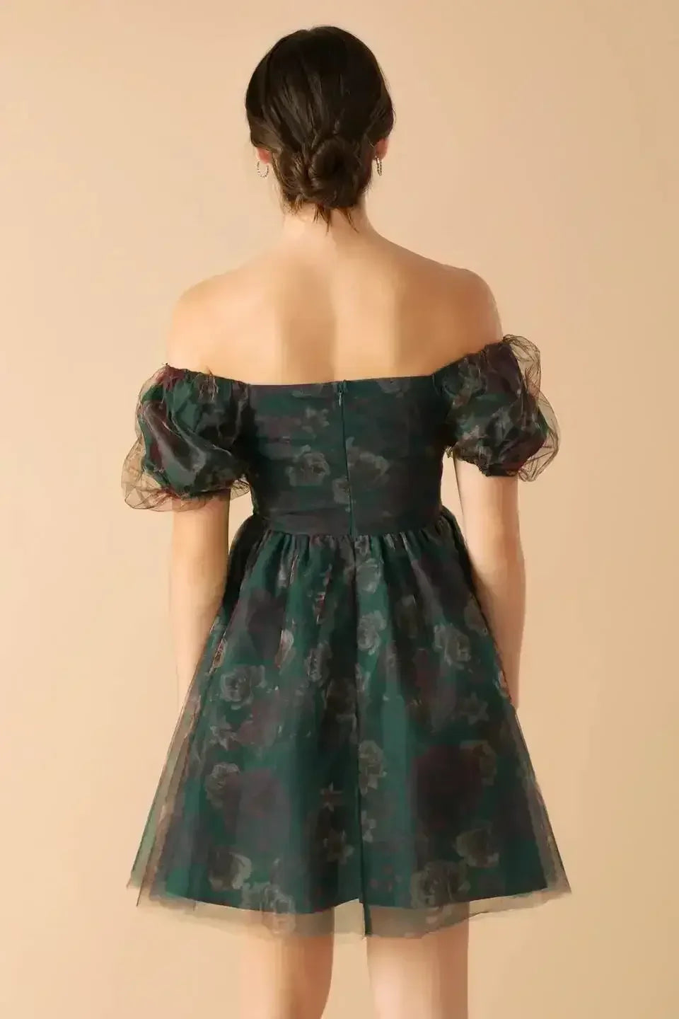 floral woven organza mini dress with short puff sleeves and an off-shoulder neckline, in a green and red color scheme