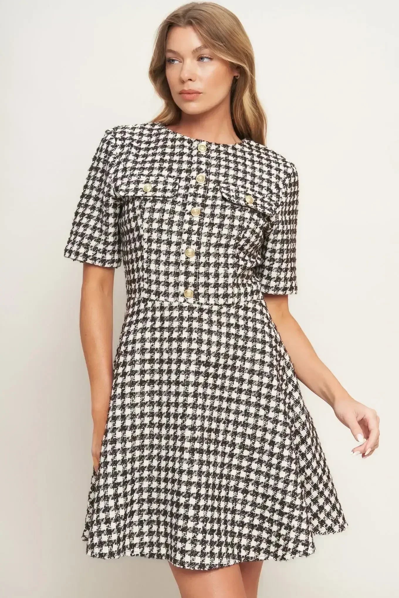 ELEGANT CHECK BROWN TWEED MINI DRESS - FINAL SALE