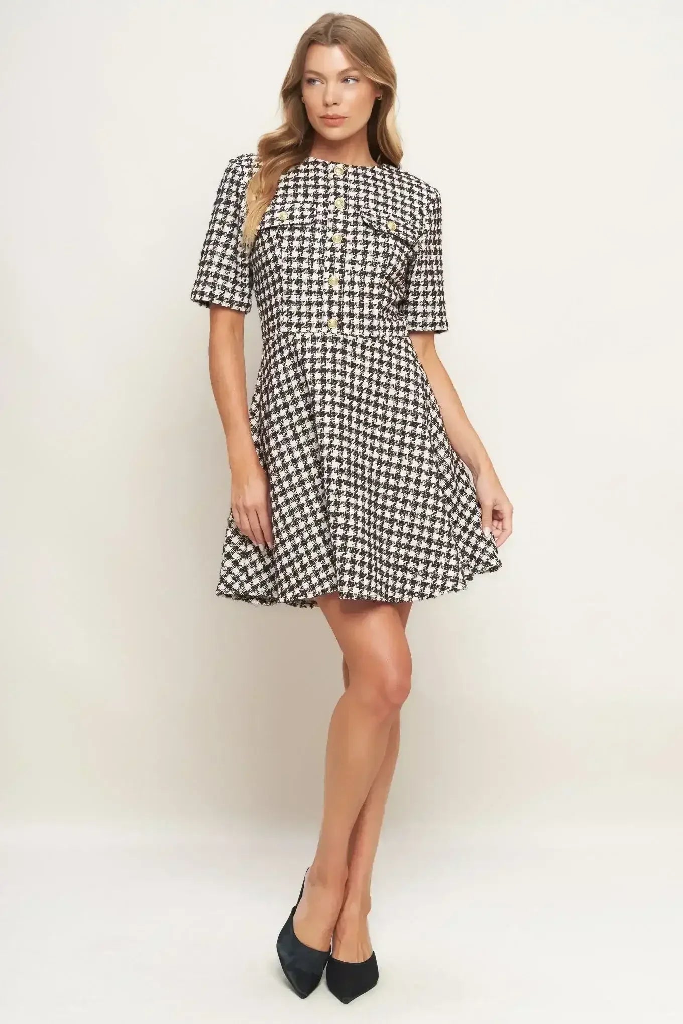ELEGANT CHECK BROWN TWEED MINI DRESS - FINAL SALE