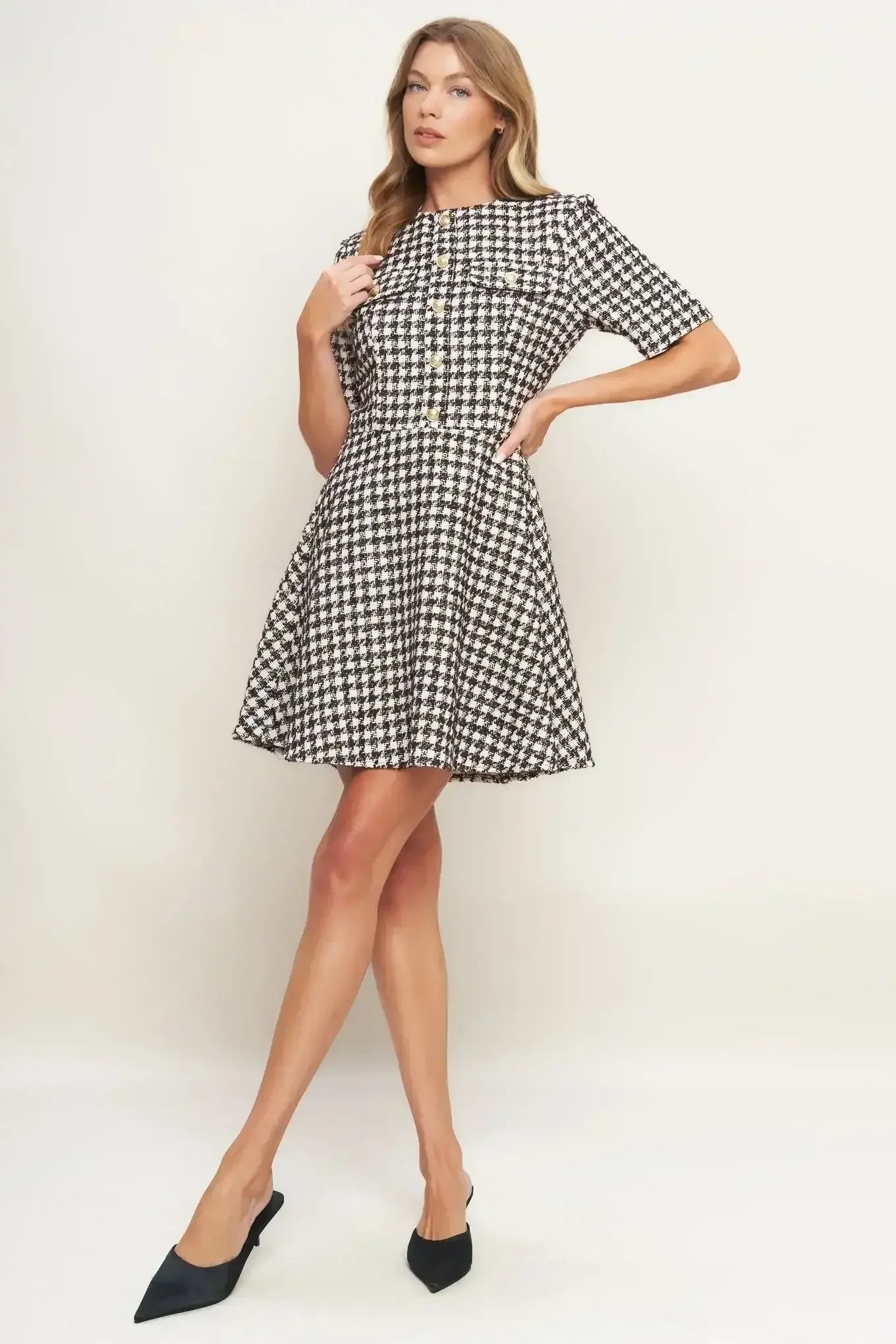 ELEGANT CHECK BROWN TWEED MINI DRESS - FINAL SALE