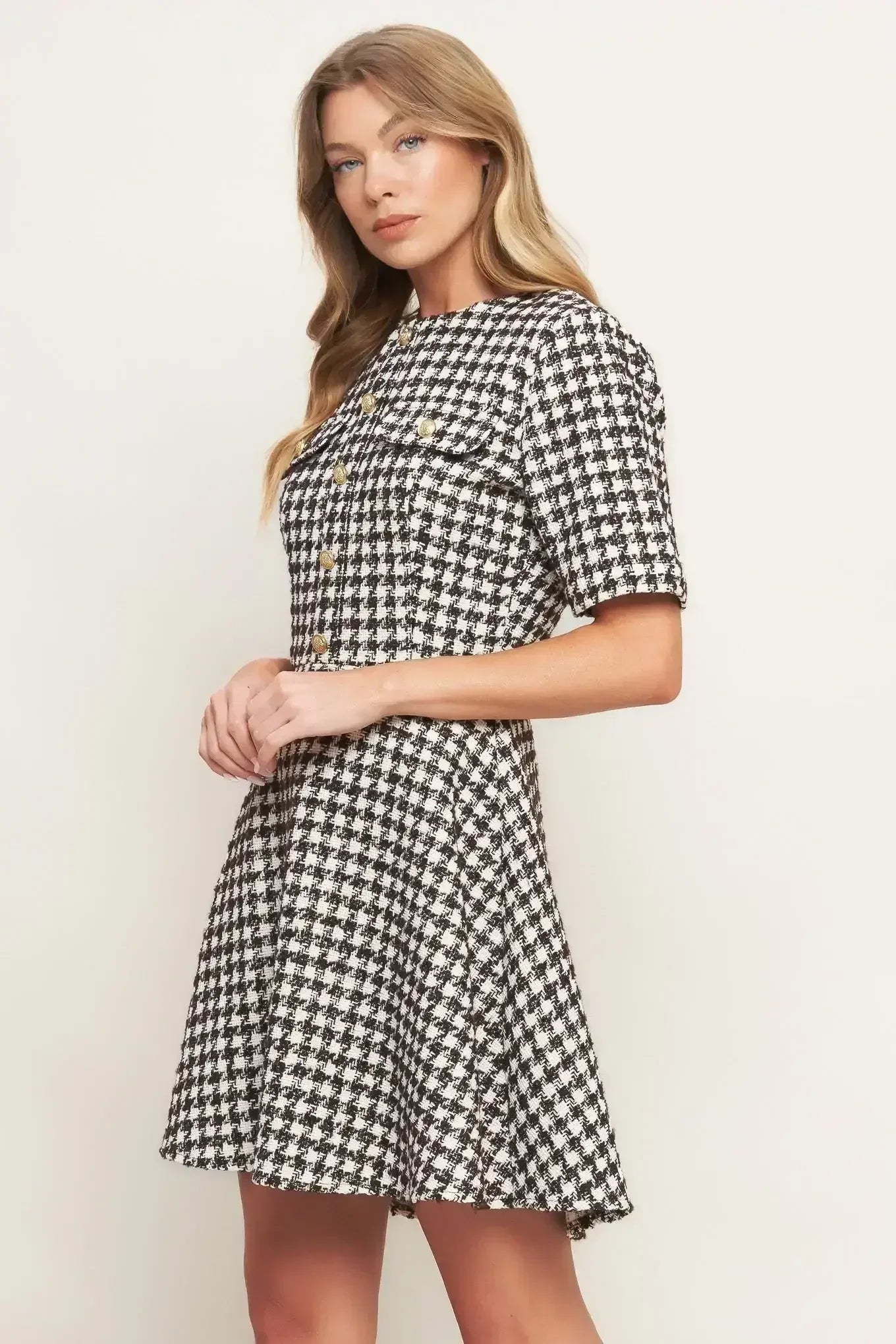 ELEGANT CHECK BROWN TWEED MINI DRESS - FINAL SALE