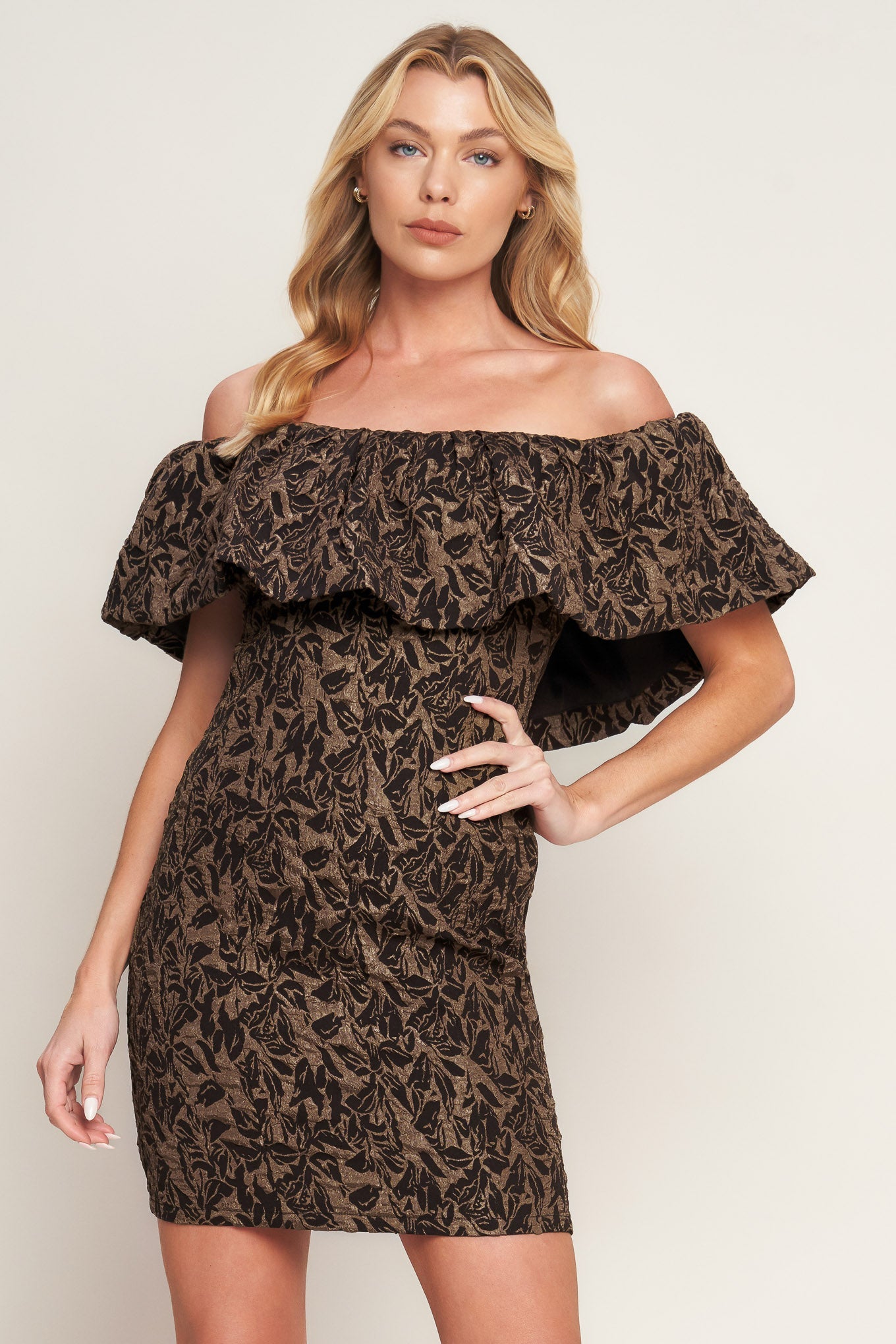 WHEREVER YOU MAY GO BROWN MINI DRESS WITH FLOUNCE