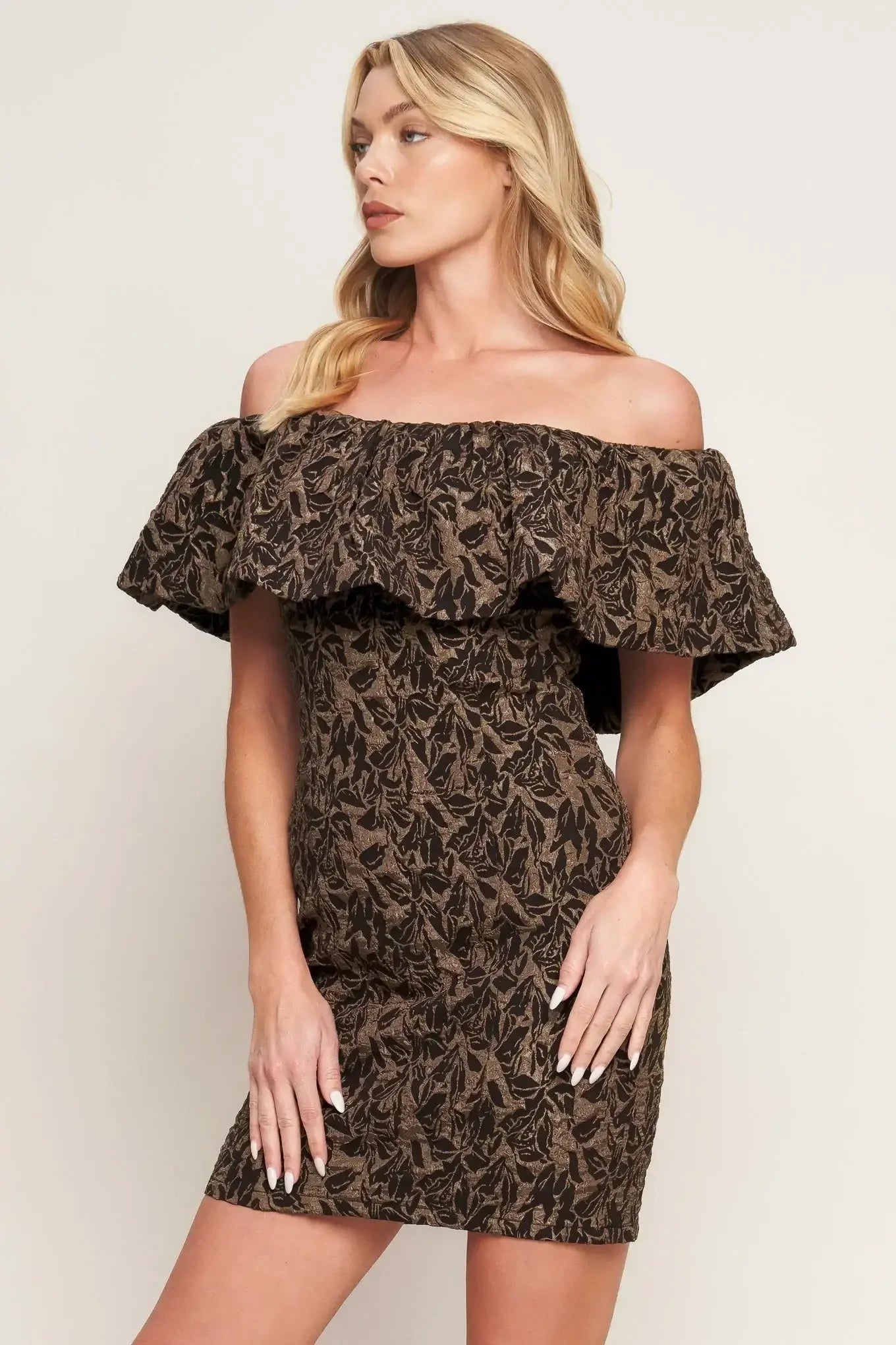 WHEREVER YOU MAY GO BROWN MINI DRESS WITH FLOUNCE