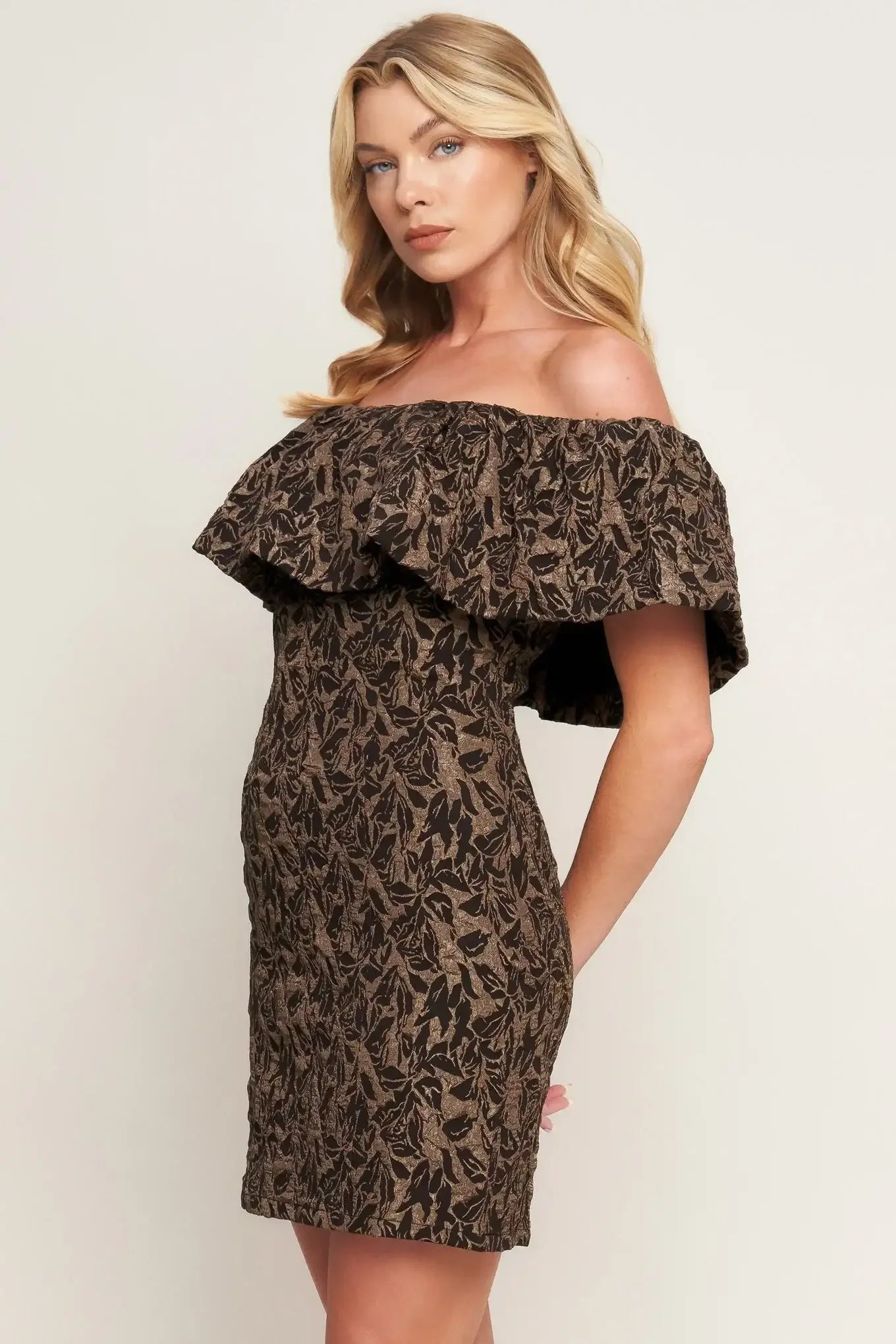 WHEREVER YOU MAY GO BROWN MINI DRESS WITH FLOUNCE