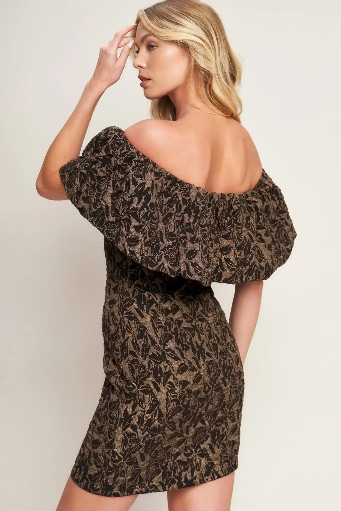 WHEREVER YOU MAY GO BROWN MINI DRESS WITH FLOUNCE