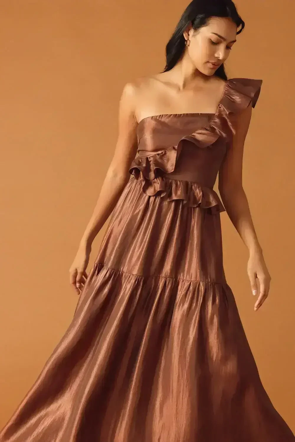 FIND THE ANSWER BROWN SATIN ONE SHOULDER MAXI DRESS