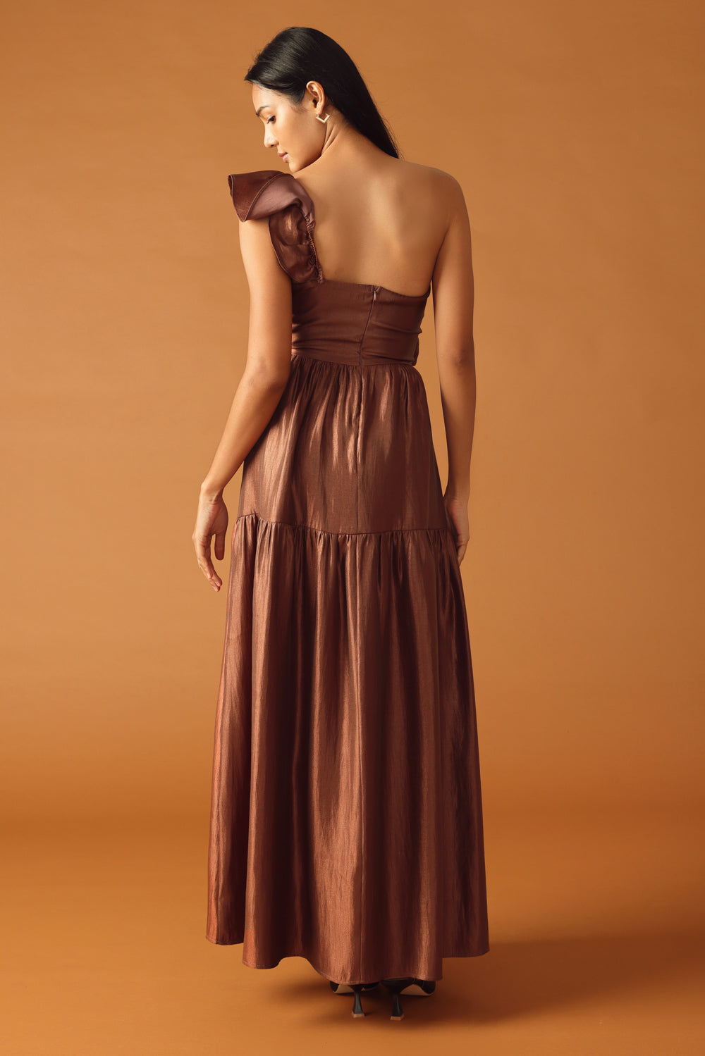 FIND THE ANSWER BROWN SATIN ONE SHOULDER MAXI DRESS