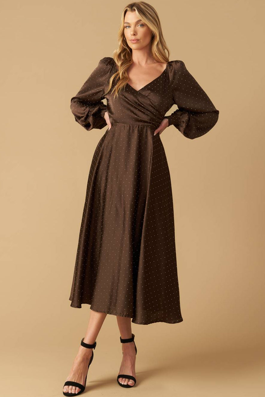 Lady Black Tie - Romantic Love - Brown Long Sleeve Midi Dress