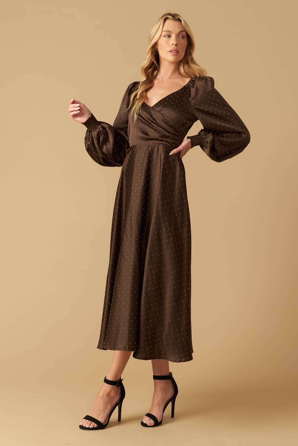 ROMANTIC LOVE - BROWN LONG SLEEVE MIDI DRESS