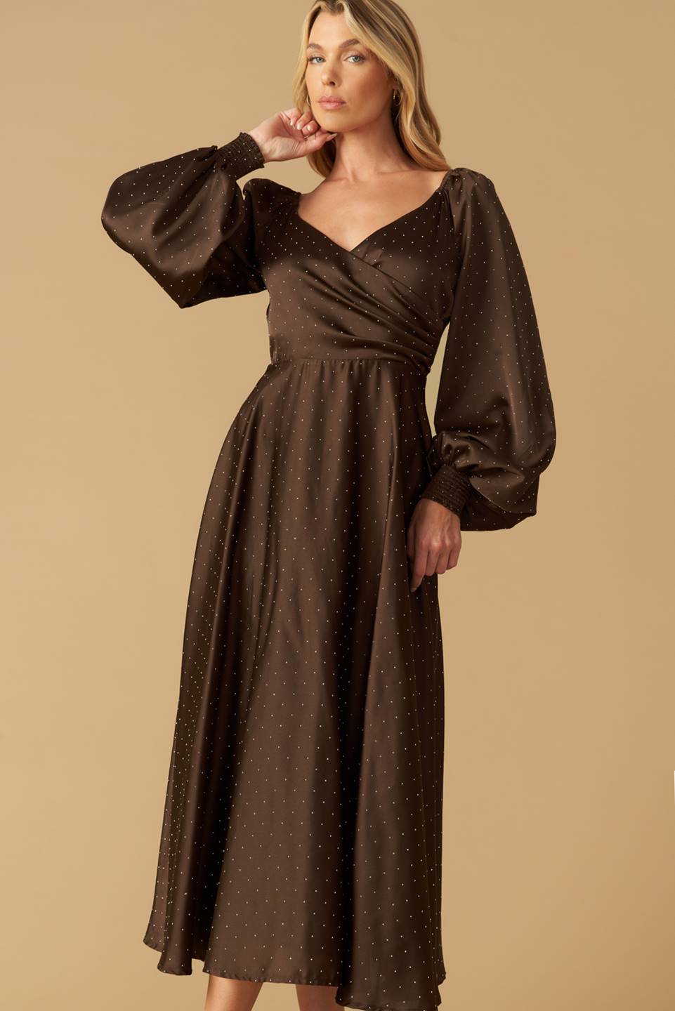 ROMANTIC LOVE - BROWN LONG SLEEVE MIDI DRESS