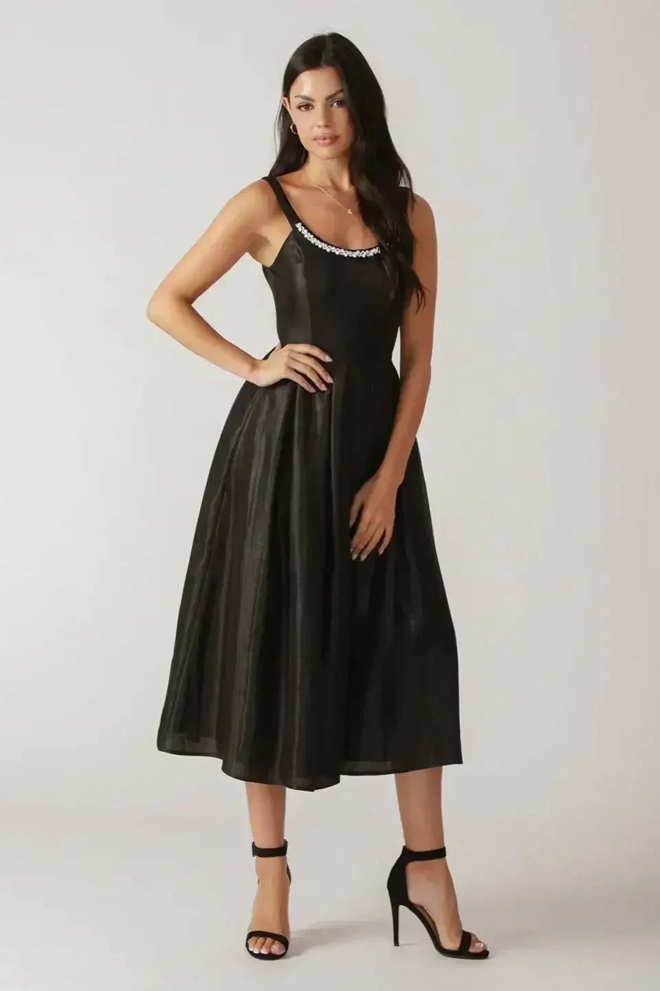 PEARL TRIM BLACK SATIN MIDI DRESS - FINAL SALE