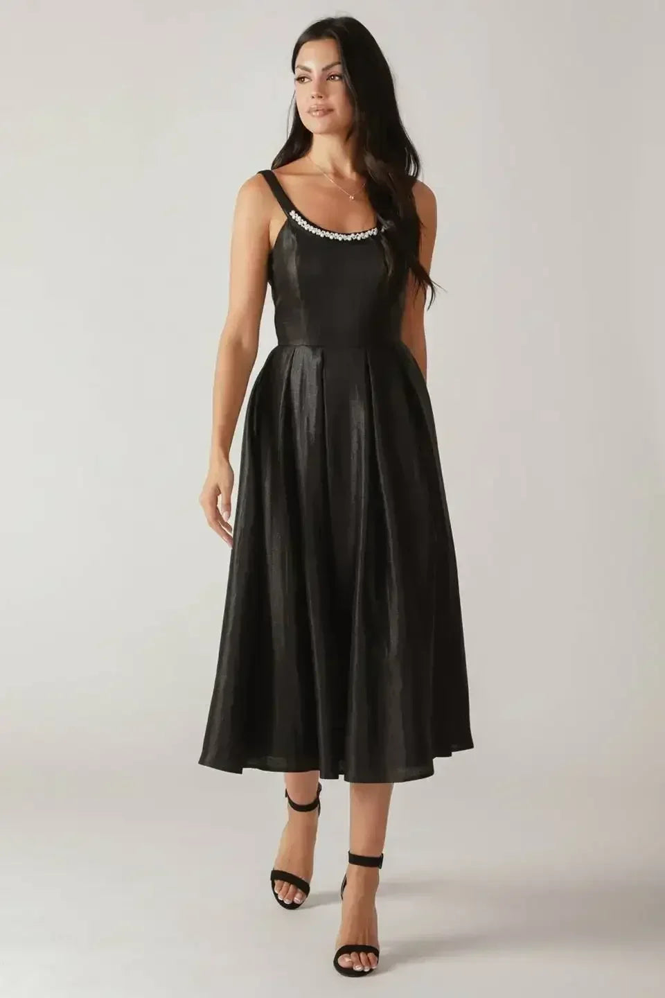 PEARL TRIM BLACK SATIN MIDI DRESS - FINAL SALE