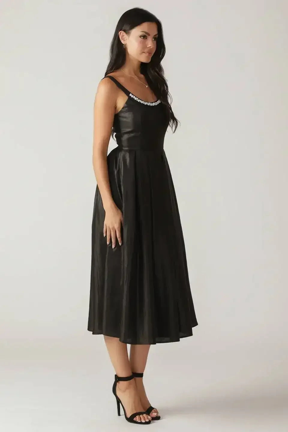 PEARL TRIM BLACK SATIN MIDI DRESS - FINAL SALE